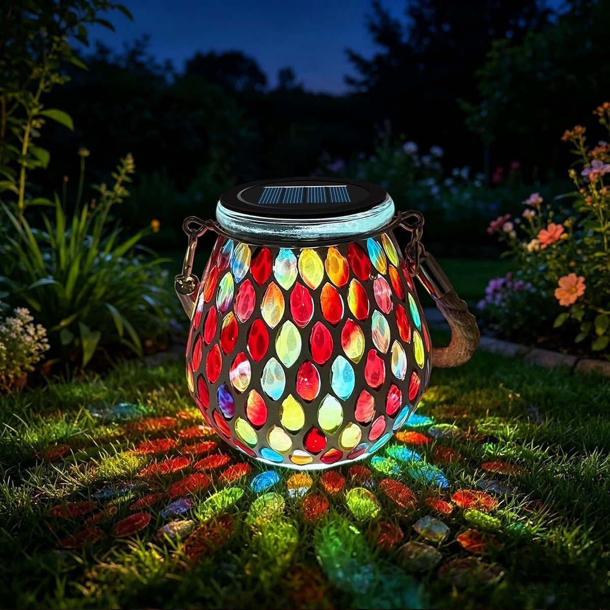 Ovale Mozaïek Solarlamp - Rood - 8,2 x 8,2 x 14 cm - Glazen Hanglamp op Zonne-energie - Voor Buiten en Binnen