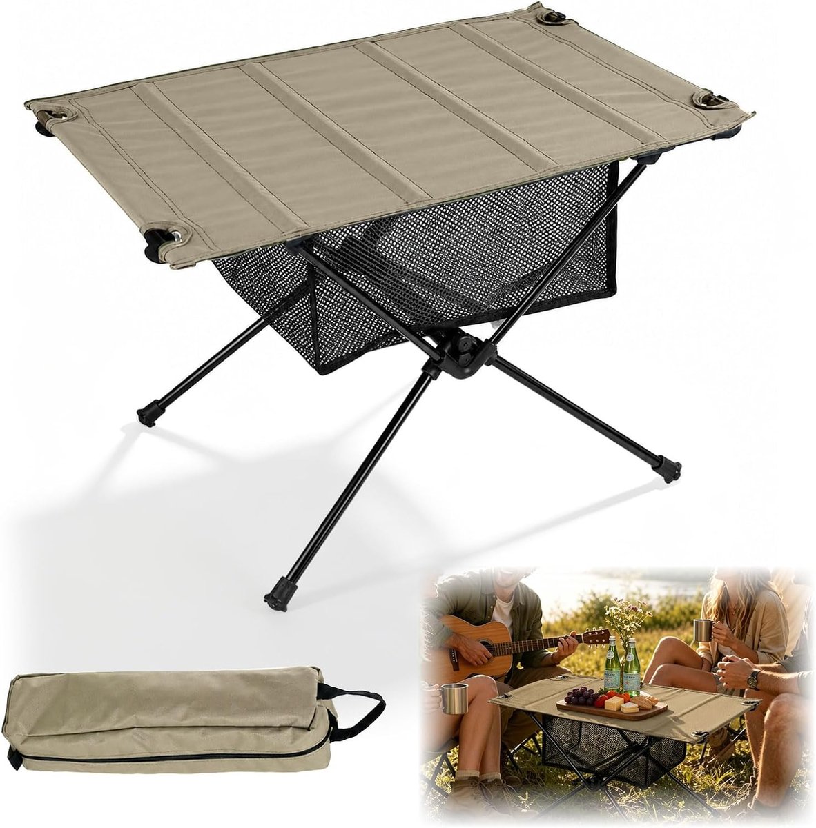 Opvouwbare campingtafel - ultralicht en stabiel - kaki met nettas - ideaal voor kamperen - ShopVlot