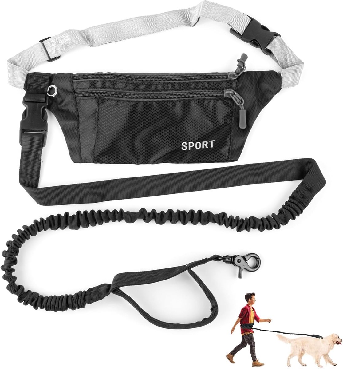 Hond Leiding - Handsfree Hondentuig met Unieke Handgreep - Verwijderbare Heuptas - Ideaal voor Joggen - ShopVlot