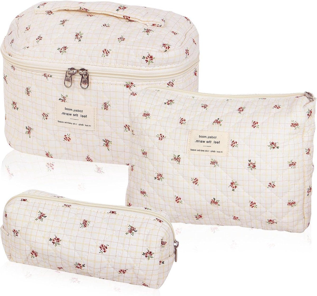 Toilettas set 3-delig - gestikt katoen - bloemenpatroon - ideaal voor reizen - ShopVlot