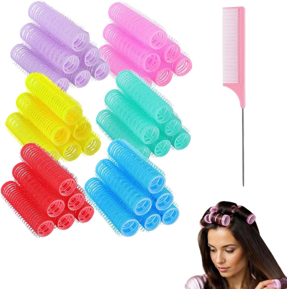 Set van 24 zelfklevende haarrollers – Warmtevrije krullers voor kleine krullen – Inclusief puntkam – Geschikt voor alle haartypes – Ideaal voor dagelijks gebruik en eenvoudig styling