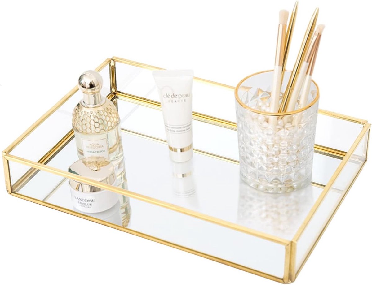 SnelShoppen - Gouden Vintage Glazen Doos, Sieraden Organizer Box van Helder Glas & Messing Metaal, Grote Makeup Opbergdoos voor Sieraden en Cosmetica