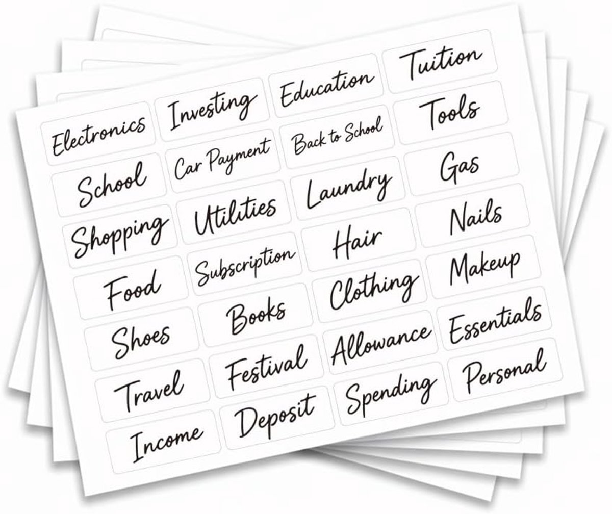 Budgetplanner-labels 200 stuks - PVC zelfklevende stickers - Cursieve financiën categorieën - Organiseer uw budget - ShopVlot