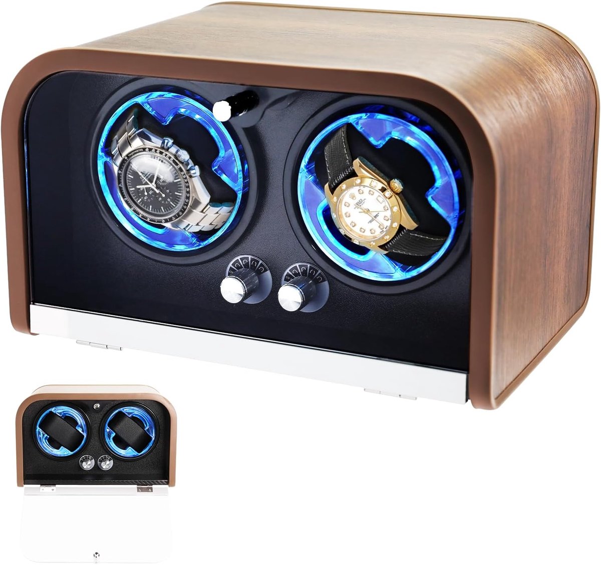 Horloge-opwinder voor twee automatische horloges - 4 rotatiemodi - slim stoptechnologie - luxe houten displaykast - ShopVlot