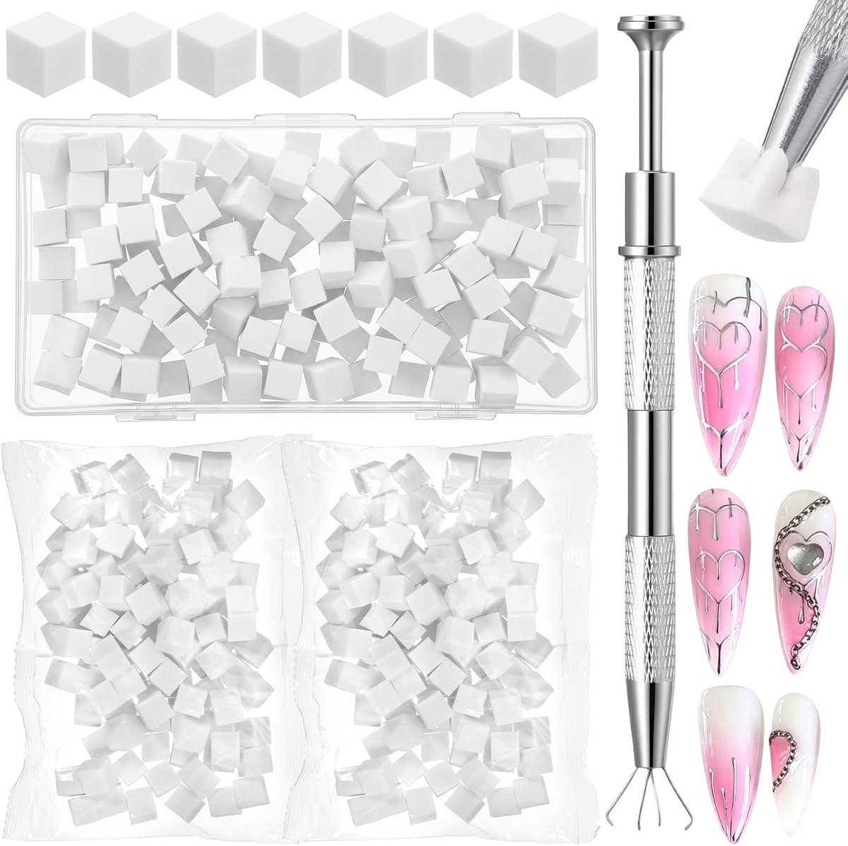 Nagelkunst sponzen 300 stuks - Witte nagelsponzen 1x1 cm - Metalen grijper - Ideaal voor ombré designs - ShopVlot