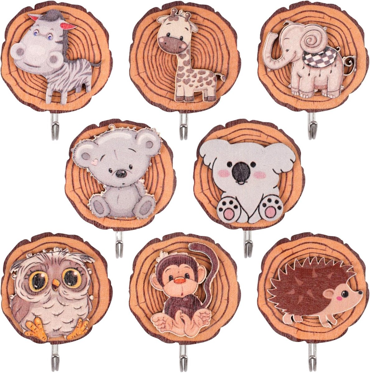 Kledinghaken dieren - 8 stuks - houten dieren - zelfklevend - ideaal voor kinderkamers - ShopVlot