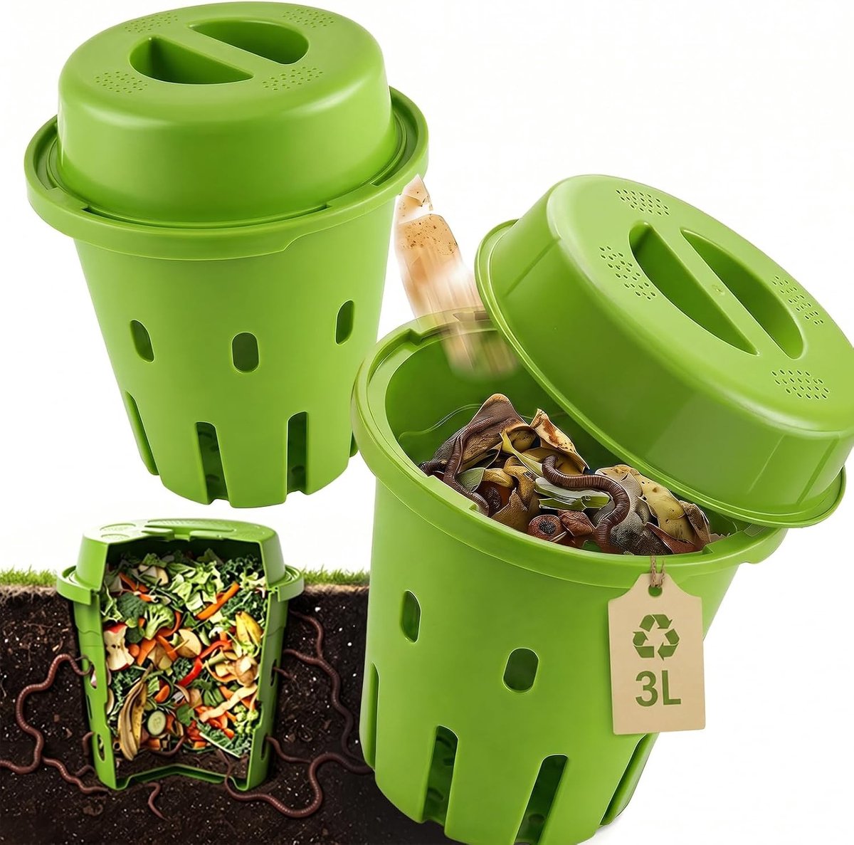 3L ondergrondse compostbak voor tuin, klein met deksel, ventilatiegaten, organische composteercontainer voor verhoogde bedden en binnenplaatsen, 2 stuks