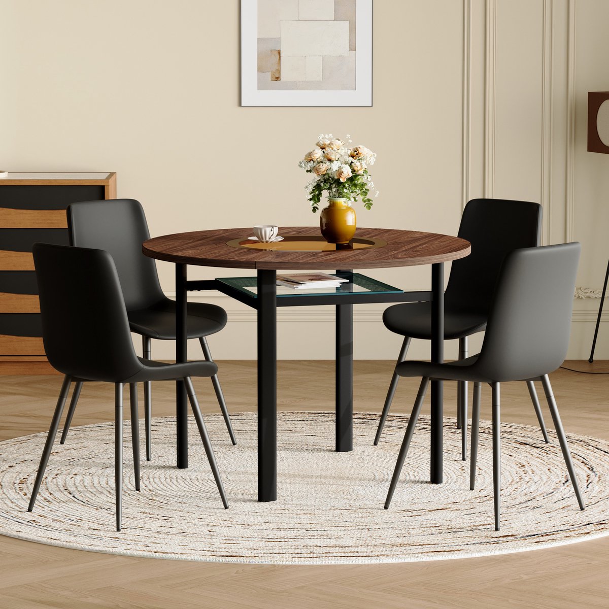 COVREO Eettafelset 100 cm, bruin zwart, houtlook met 4 stoelen
