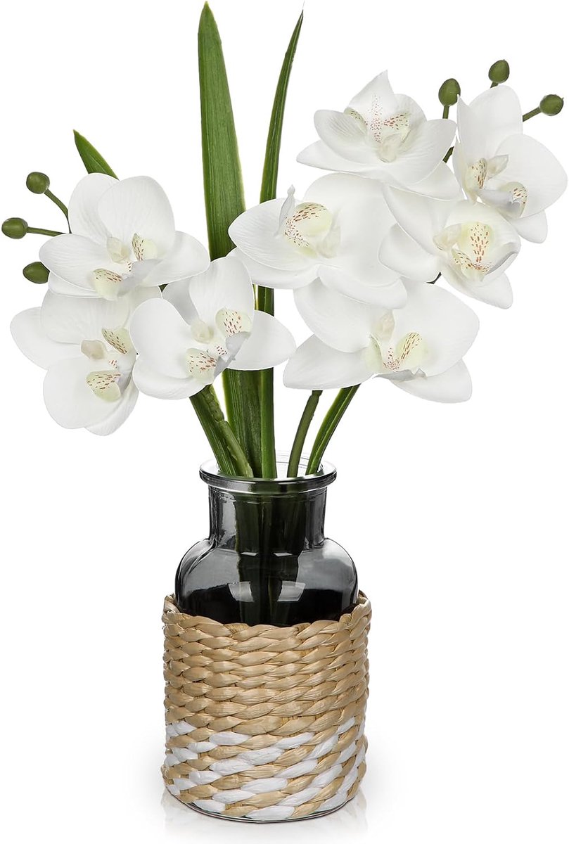 Neporchidee 29cm - Witte Orchideeën in Woven Glazen Vaasje - Perfect voor Tafeldecoratie - ShopVlot