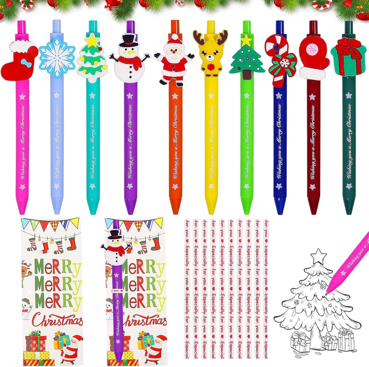 Kerst Gelpennen Set - 20 Stuks - Inclusief 10 Kerstkaarten - Perfect voor Feestjes - ShopVlot