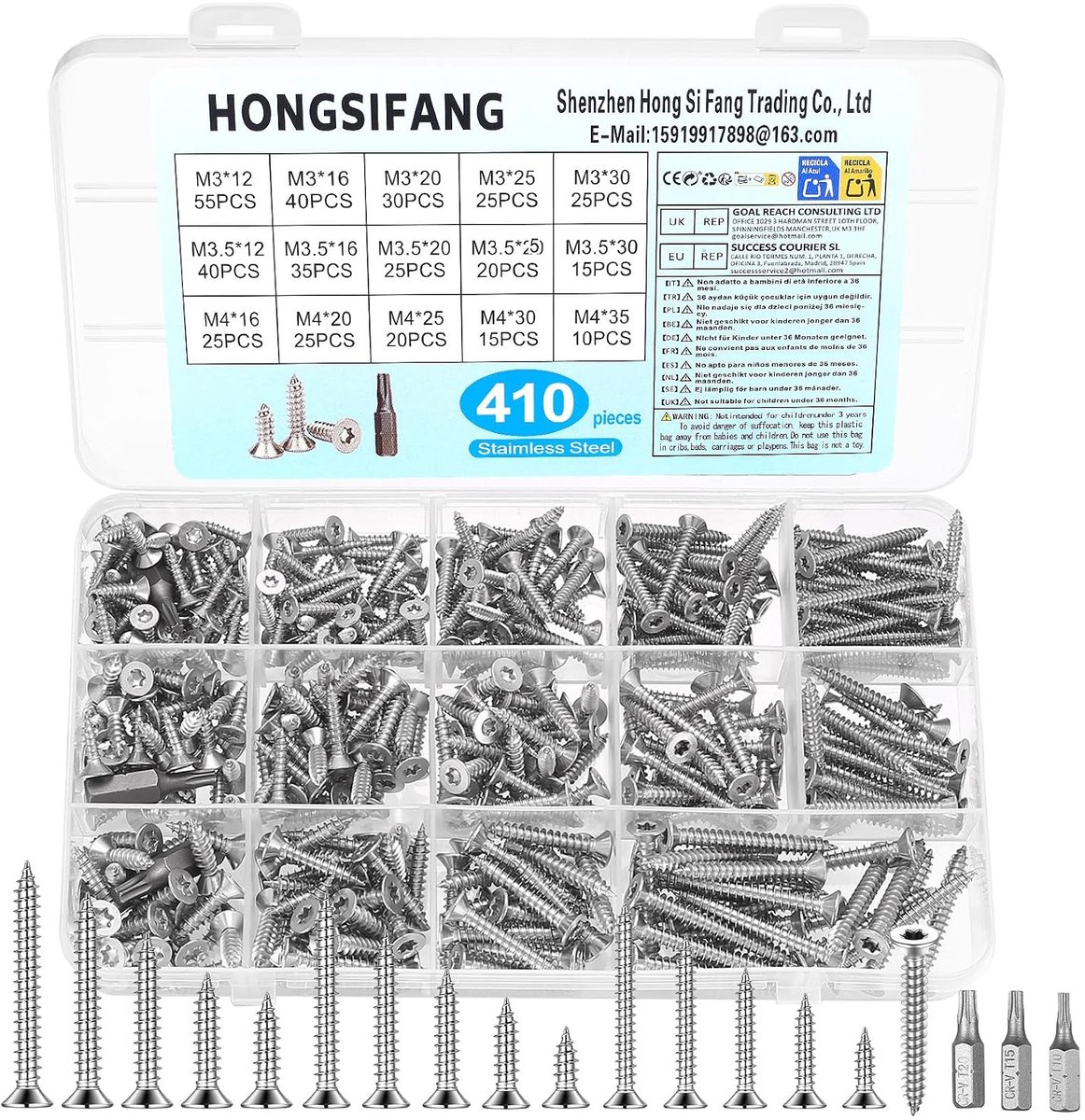 410 Pieces Stainless Steel Self Tapping Screws M3 M3.5 M4 Torx Screw Set Countersunk Head Screws Flat Screws for Wood - ShopVlot