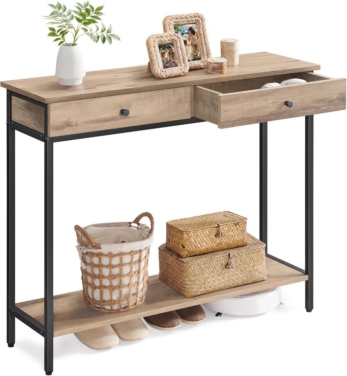 Conway Living® Consoletafel met 2 Lades - Smalle Wandtafel met Stalen Frame - Industrieel Design - FSC® Hout - 100x30x80 cm - Kameelbruin / Zwart