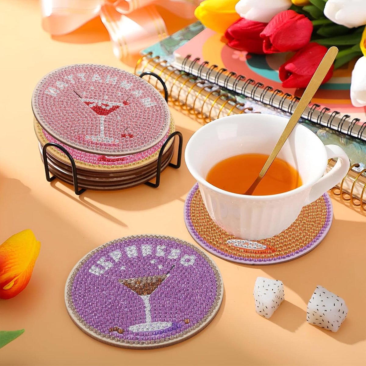 8 stuks onderzetters Diamond Painting voor cocktail, diamant, onderzetter met kurkmat, houder, vergrendeling - ShopVlot