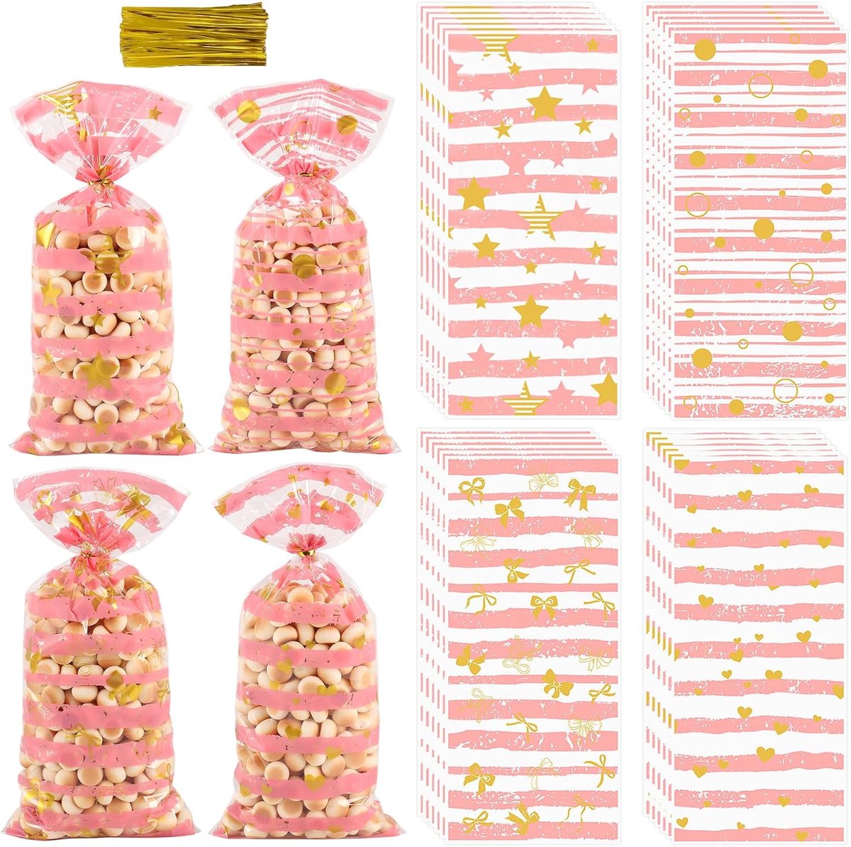 Valentines cellofaan traktatiezakken, 100 stuks roze strepen snoepzakken met twistbanden gouden stippen strikken - ShopVlot