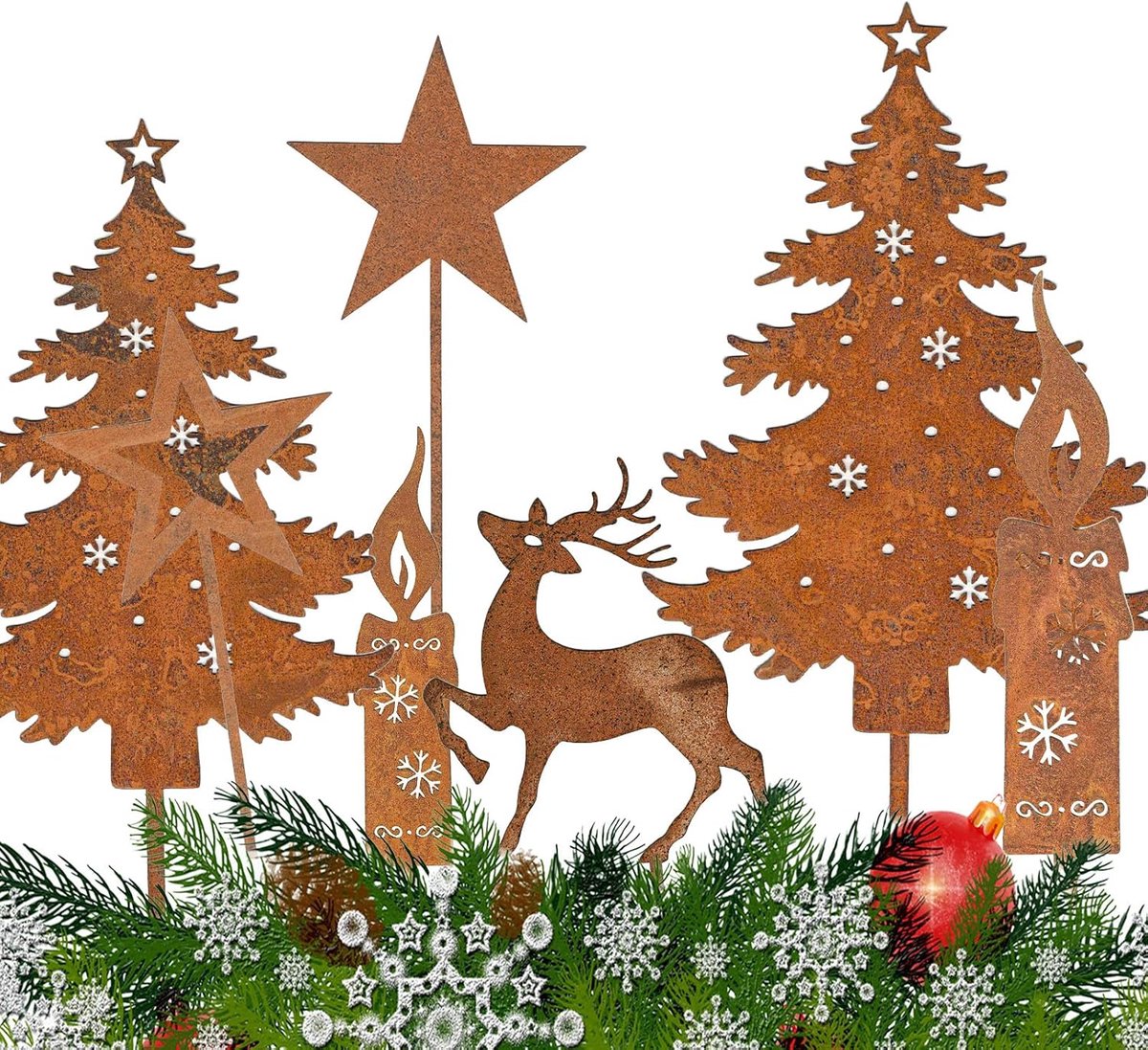Kerstdecoratie tuinpinnen - roestige dennenboom en rendier - sfeervolle buitenversiering - perfect voor kerst - ShopVlot