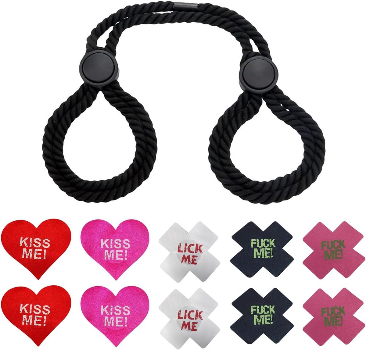 5 Pairs Letter Chest Stickers, 1 Piece Cotton Rope Handcuffs, Adjustable Restraint Buckle, Sexy Props, Anti-Low Chest - ShopVlot