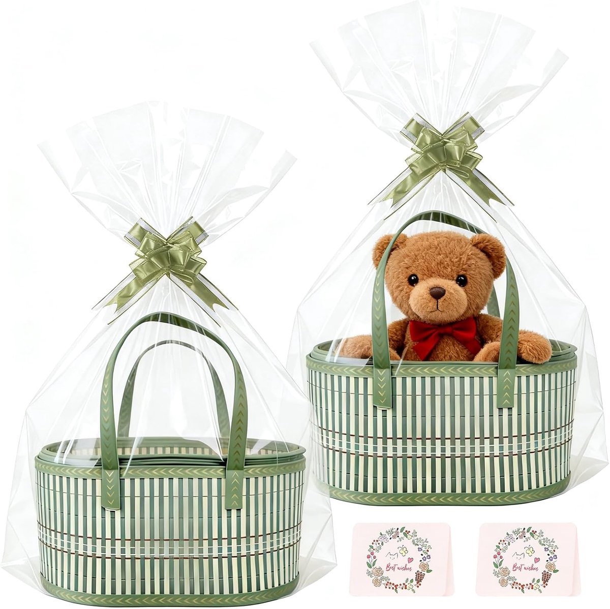 Lege geschenkmand, 2 stuks, lege geschenkmand met geschenkfolie, transparante strikken, wenskaart, etiket voor - ShopVlot