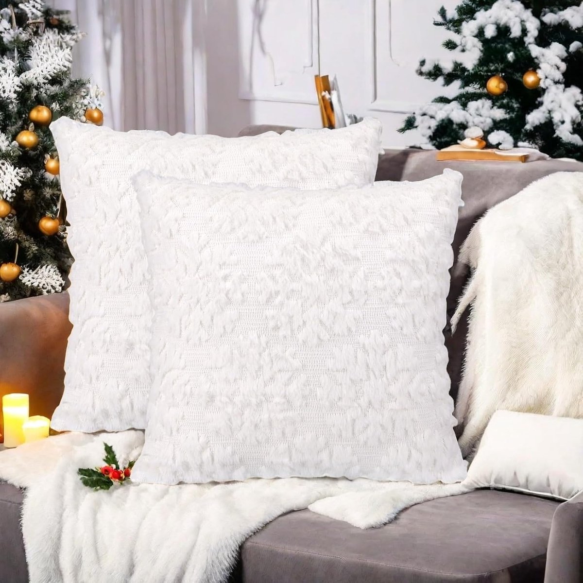 GADITIEK 45 x 45 cm Christmas Cushions for Sofa Plush 2 Pieces Cushion Covers for Christmas with 3D Christmas Tree - ShopVlot