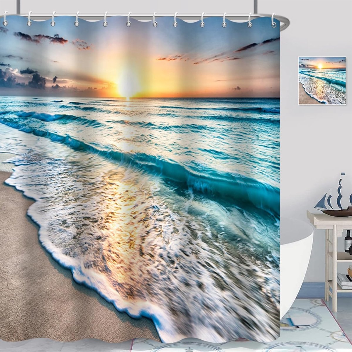 Douchegordijn, 180 x 200 cm, tropische oceaan, strandthema, zonsondergang, zonsopgang, waterdichte stof, badgordijn - ShopVlot