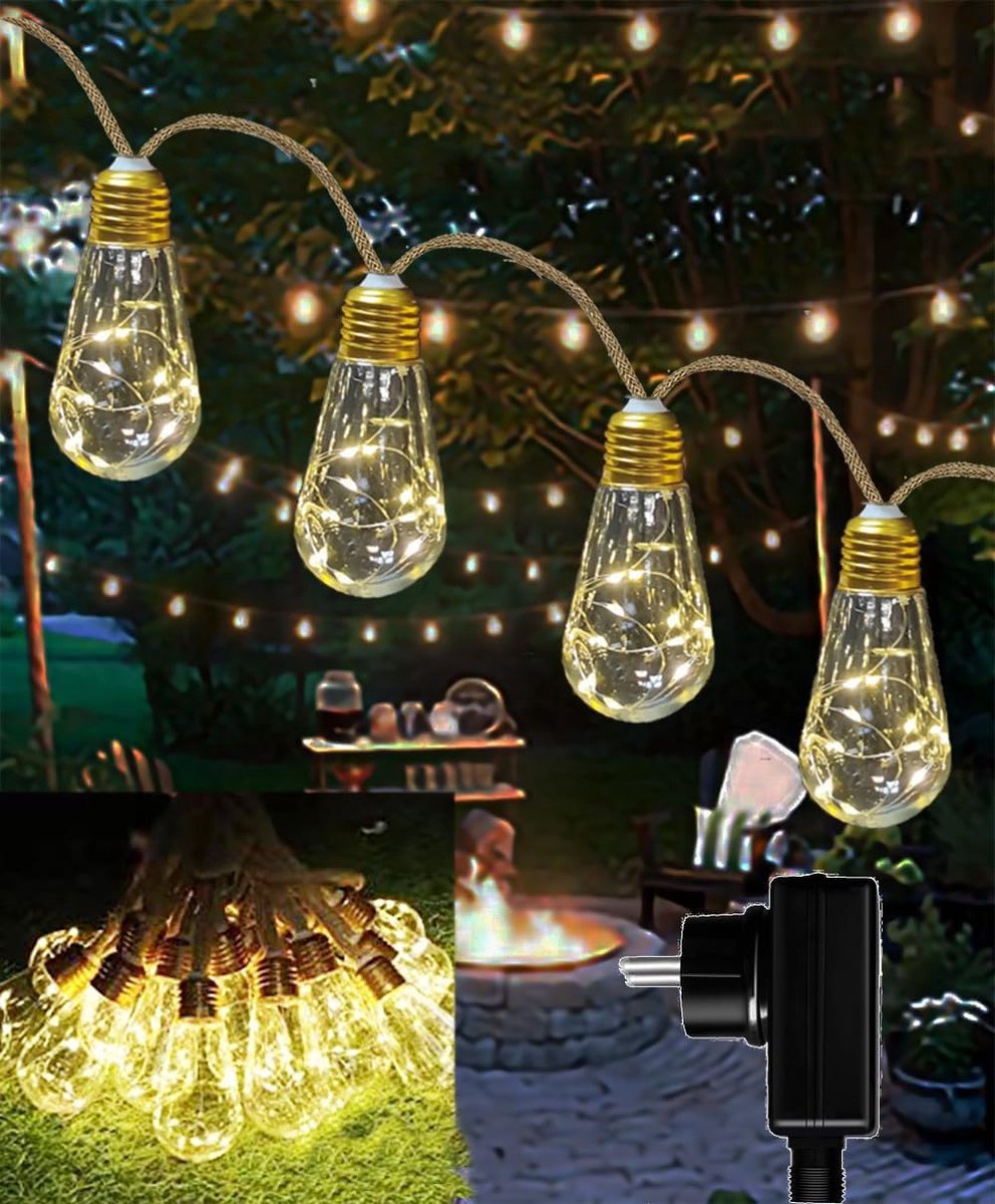 Fairy Lights Outdoor 6 m Christmas Lights Power with 16 Light Bulbs 8 Modes Fairy Lights Light Bulbs Waterproof Timer - ShopVlot