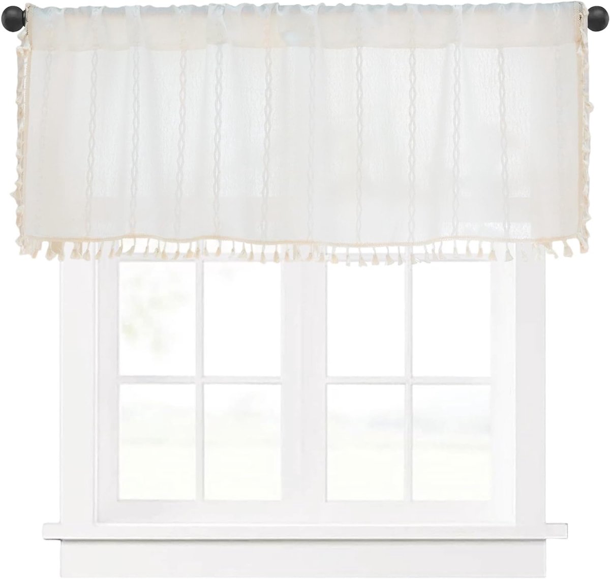 Kort gordijn met kwastjes, semi-transparant keukengordijn, slaapkamer, badkamer, balkondeur, wit, 132 cm × 61 cm - ShopVlot