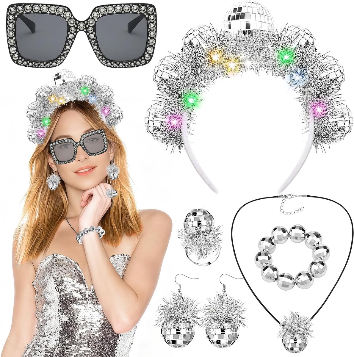 Pack of 6 Disco Accessories for Women, LED Disco Hair Band, Disco Ball Earrings, Party Glasses, Glitter Ball, 70s - ShopVlot