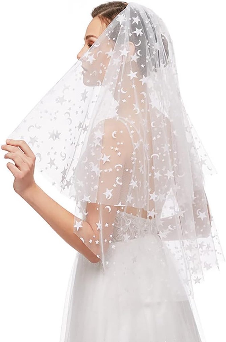 IYOU Wedding Bridal Veil 2 Tiers Ivory Star Veils Fingertip Length Bride Tulle Veils with Comb and Cut Edge Hair - ShopVlot