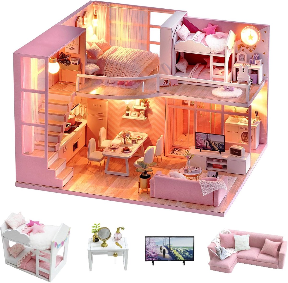 CUTEROOM Dollhouse miniature dollhouse wood in set with furniture and music house model for girls and boys - ShopVlot