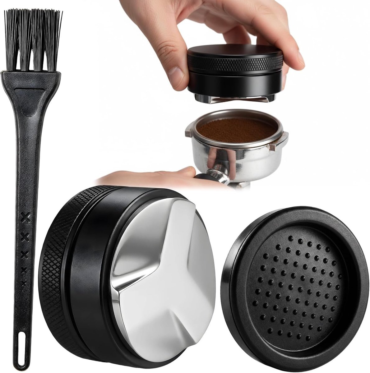 Espresso leveler met borstel en siliconenmat voor 53 mm, hoogte verstelbare koffieverdeler en filterhouder voor optimale koffie-extractie