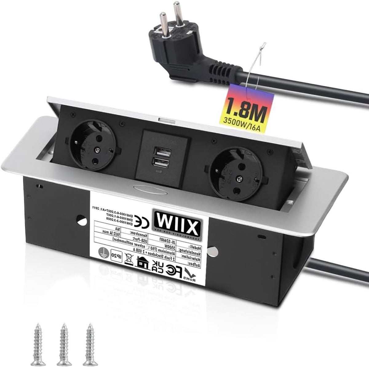 XIIW Recessed Socket Recessed in Desktop - 2 Socket Type F and 2 USB Charging Ports, Aluminum Flame Retardant 750°C - ShopVlot