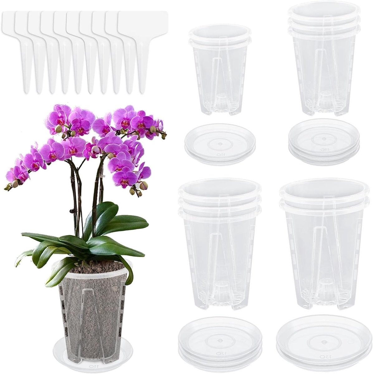 Transparante Orchidee Potten Set van 10 Stuks, Plastic Plant Pot met Gaten en Schotels, Ademend Zaad Pot voor Orchideeën, Tuin en Balkon Gebruik
