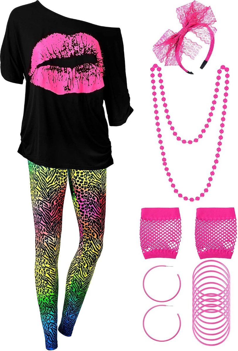 80s Vrouwen Kostuum Set met T-Shirt, Leggings, Sieraden en Handschoenen - Perfect voor Feesten en Thema-avonden (XXL)