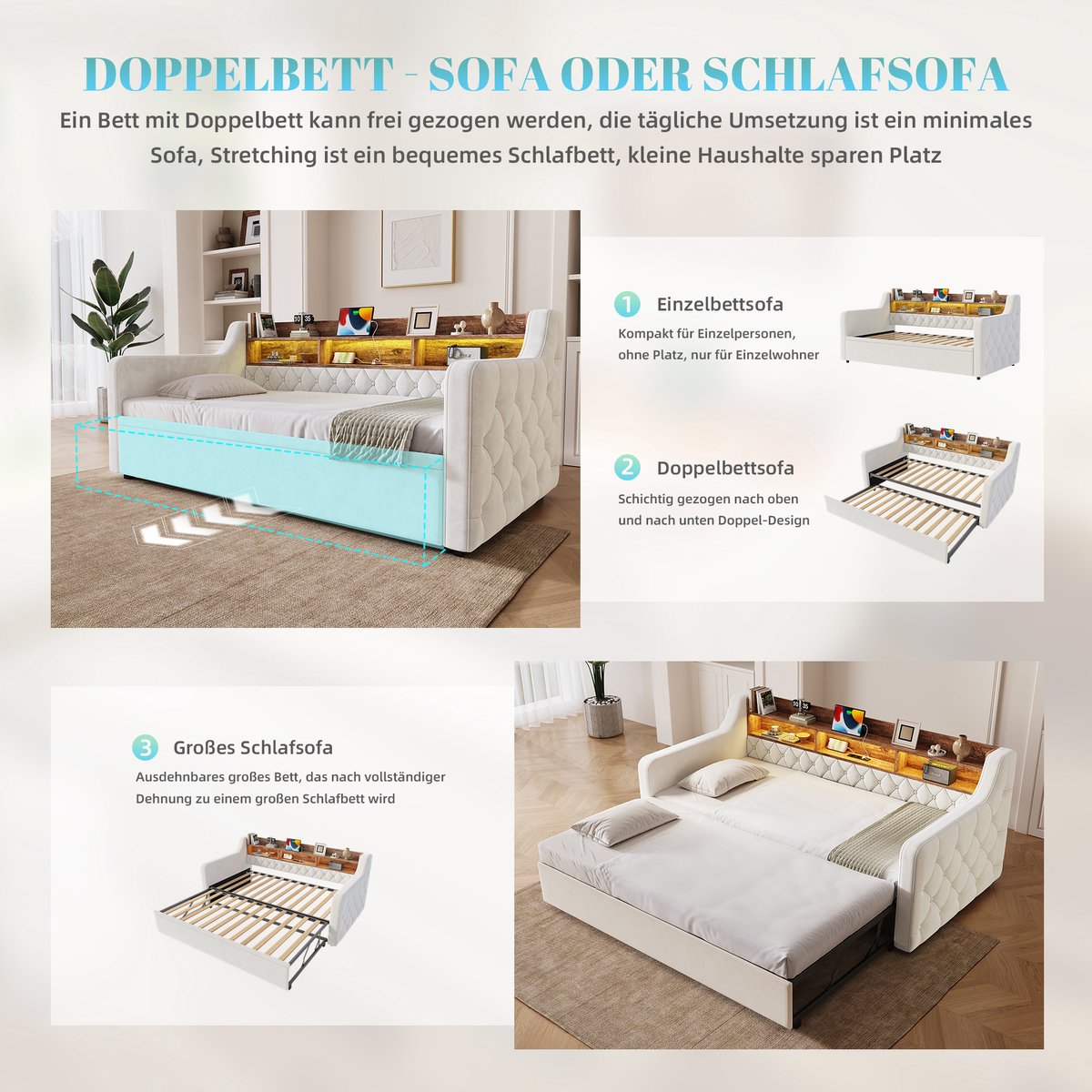OKWISH Slaapbank 90 x 190 cm - Uitschuifbaar Sofabed Met LED, USB En Type-C - Met Opberg Hoofdbord En Armleuningen - Voor Woonkamer Of Logeerkamer - Hout En Stof - Beige
