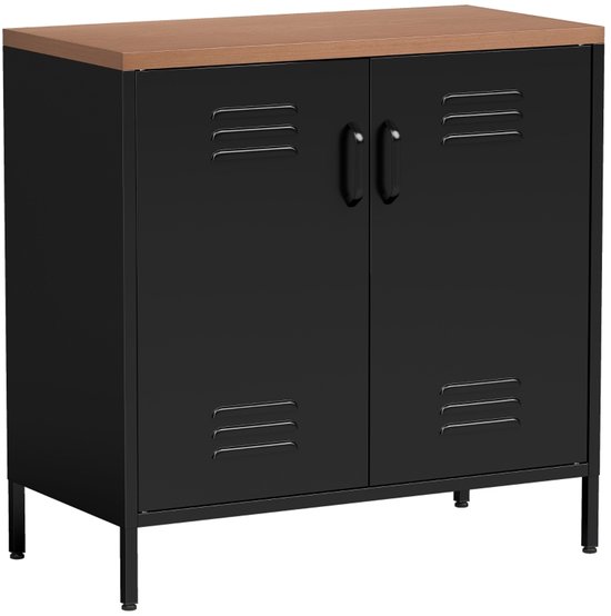 Zwarte kast met houten blad en dubbele deuren met ventilatieroosters.