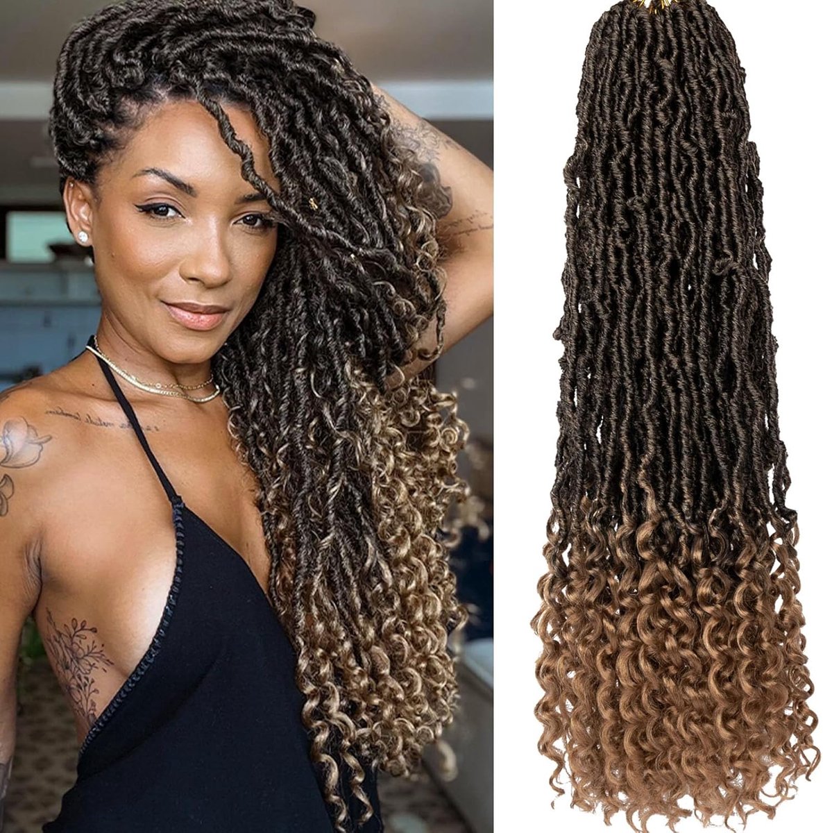 24 inch New Faux Locs Crochet Hair with Curly Ends, 7 Packs Goddess Locs Crochet Hair for Women, Ombre Blonde - ShopVlot
