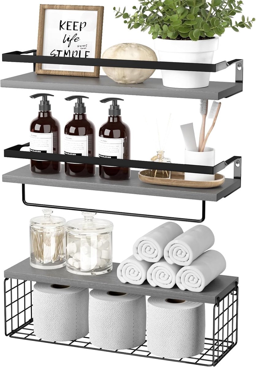 sharllen Houten zwevende planken met draad Strorage Mand, Wandgemonteerde Plank Set van 3 voor Home Organisatie & Muur - ShopVlot