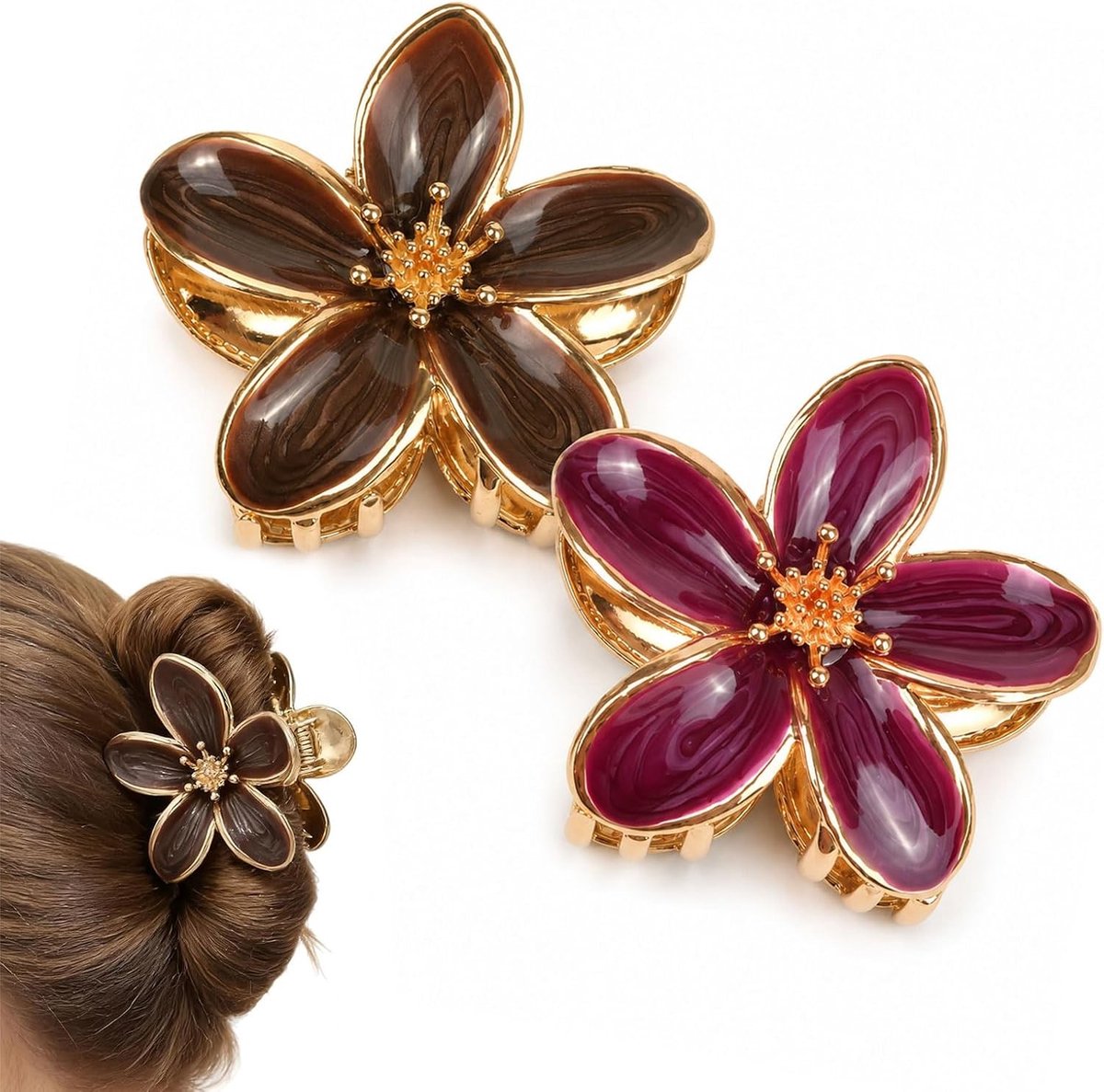 Grote metalen haarklemmen met plumeria bloemen voor dames | Antislip haarclips voor dagelijks gebruik en speciale gelegenheden