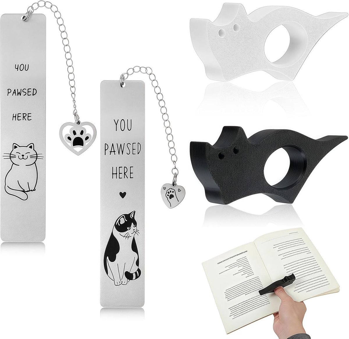 Set van 4 Katten Boekenaccessoires: 2 Duimpagina-houders en 2 Metalen Boekenleggers met Hangertje, Perfect Cadeau voor Lezers en Boekenliefhebbers