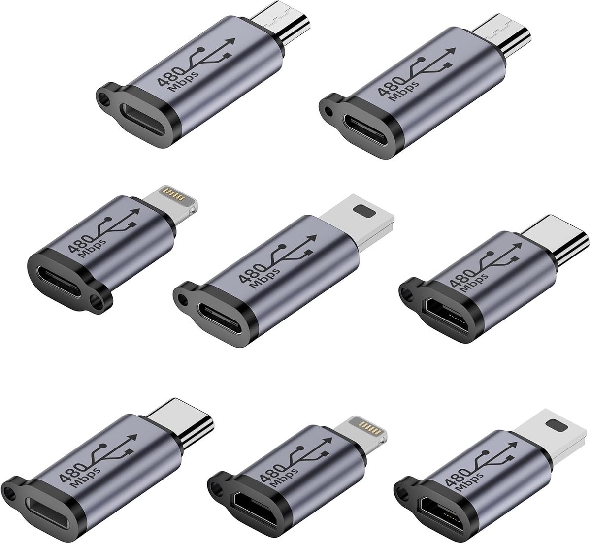8pcs Lightning to USB C Adapter, USB C Adapter, Micro USB Adapter, Mini USB Adapter, Female to Male, USB 2.0 for - ShopVlot
