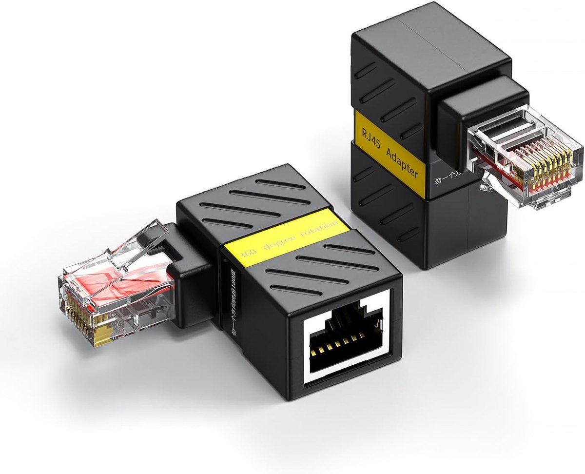Pack of 2 RJ45 Plug to Socket, 360° Rotatable, Gigabit Ethernet Adapter, 90 Degree Right Angle Network Cables - ShopVlot