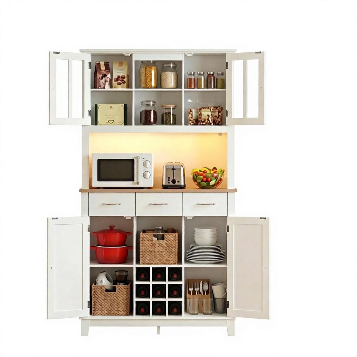 DESMIU Keukenkast - Hoge Kast Met RGB Led Verlichting En 16 Kleuren - Voor Keuken En Eetkamer - Spaanplaat Mdf En Glas - 100X39,5X180 Cm - Wit Eiken