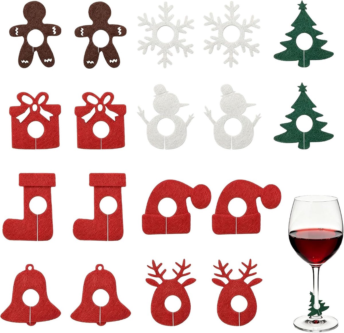18 stuks kerstbekerringen van vilt, groen, rood, wit, motiefassortiment, set voor kerstbekers, glazen, decoratie - ShopVlot