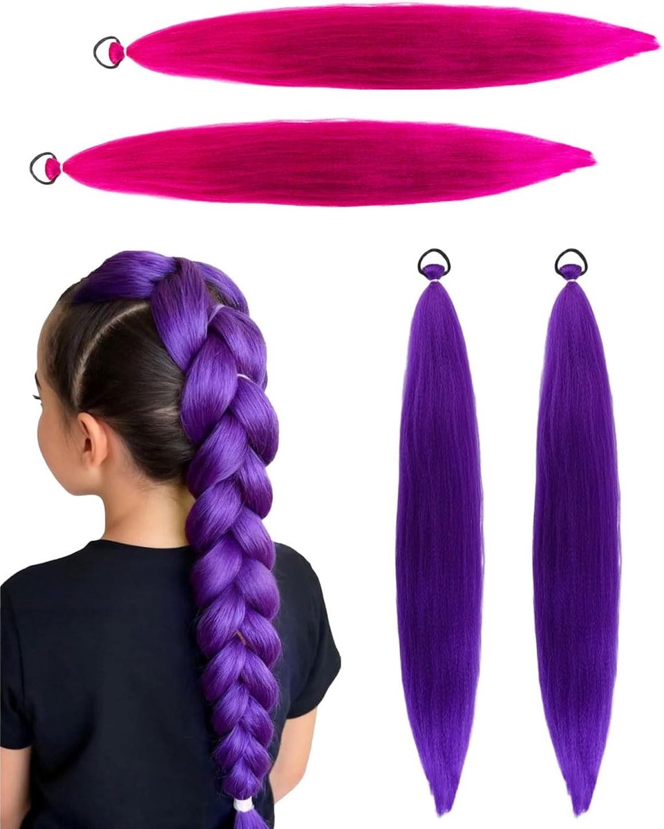 GRETY Purple Pink Braiding Hair 26 Inch Ponytail Hairpiece Real Hair Glitter Hair Strands for Stage Party Carnival - ShopVlot