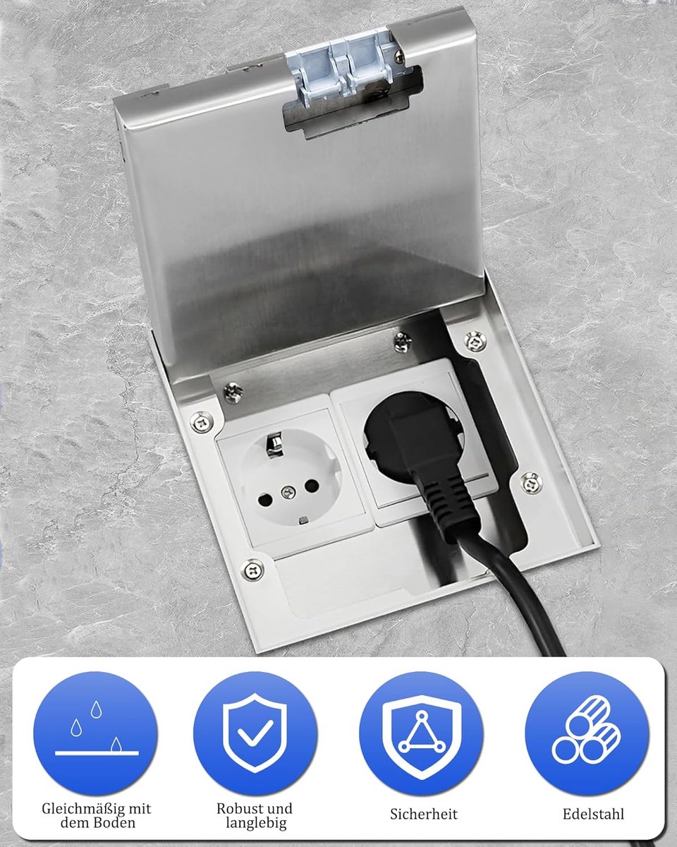 Bodentank socket 16A 4000W - recessed socket with 2 sockets - Stainless steel floor tank in silver for kitchen, office - ShopVlot