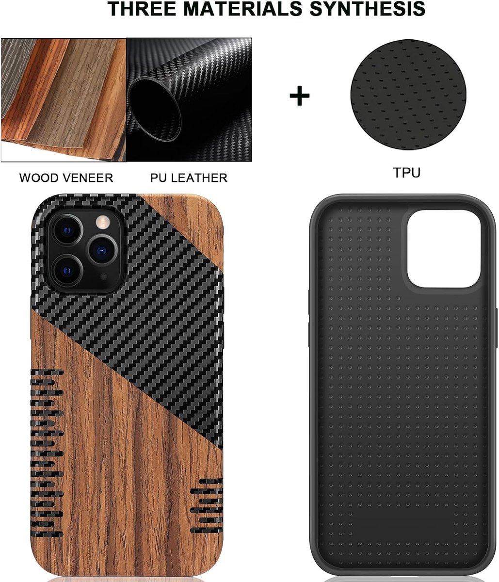 TENDLIN Compatible with iPhone 12/12 Pro Case, Hybrid Protective Case Made of Wood and Carbon and Leather, Compatible - ShopVlot