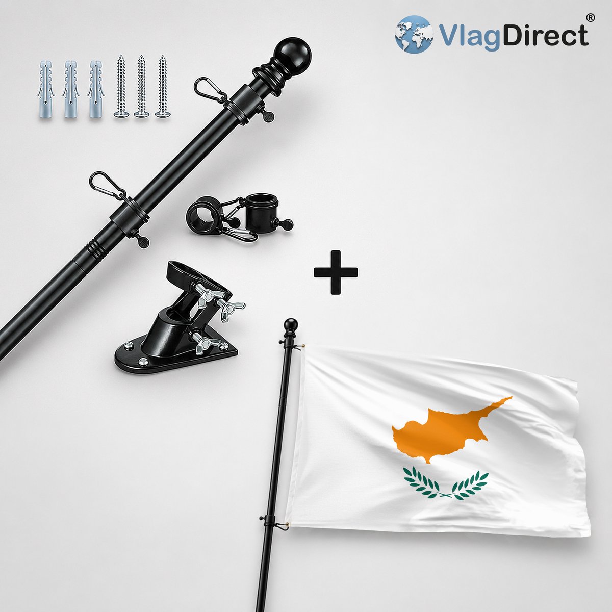 VlagDirect - Compleet vlaggenpakket - Zwarte vlaggenstok inclusief vlaggenstokhouder + Cypriotische vlag - Cyprus vlag - 90 x 150 cm.