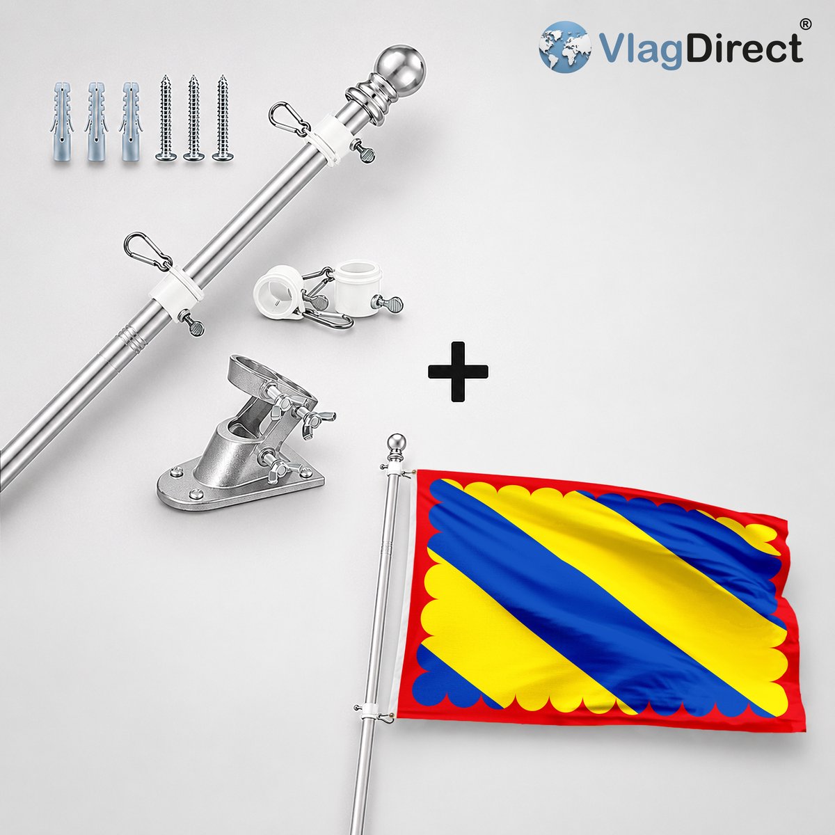 VlagDirect - Compleet vlaggenpakket - Zilveren vlaggenstok inclusief vlaggenstokhouder + Gemeente Opzullik vlag - 90 x 150 cm.