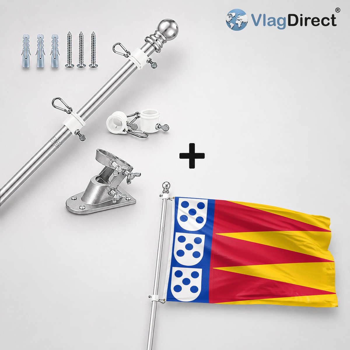 VlagDirect - Compleet vlaggenpakket - Zilveren vlaggenstok inclusief vlaggenstokhouder + Albrandswaard vlag - Gemeente Albrandswaard vlag - 90 x 150 cm.