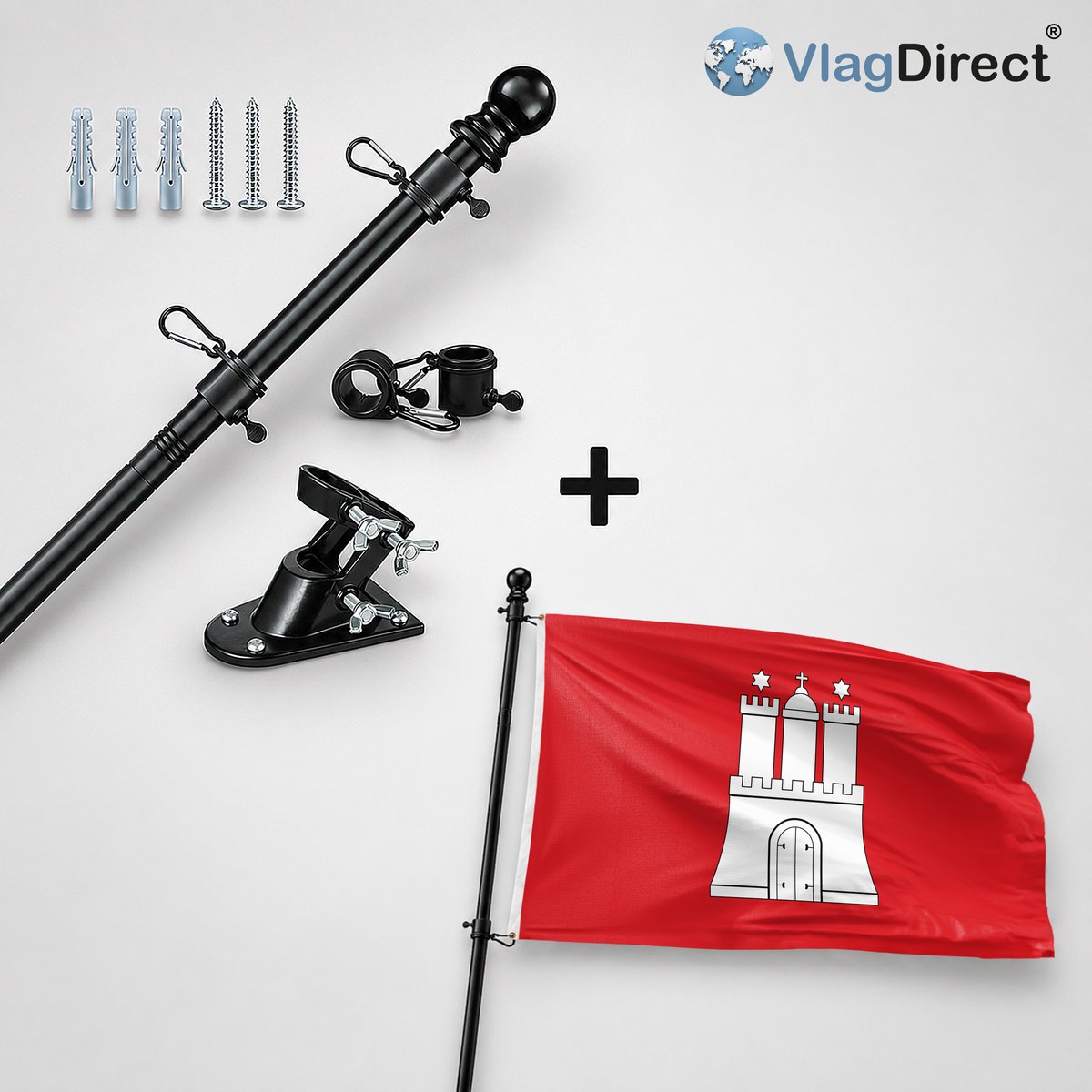 VlagDirect - Compleet vlaggenpakket - Zwarte vlaggenstok inclusief vlaggenstokhouder + Hamburgse vlag - Hamburg vlag - 90 x 150 cm.