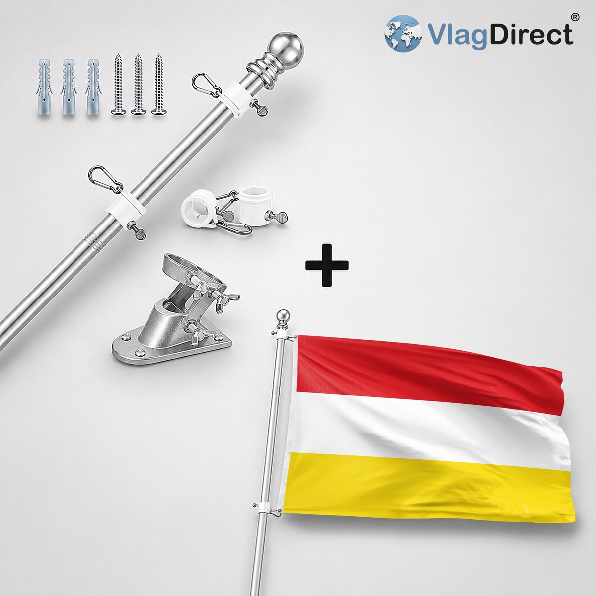 VlagDirect - Compleet vlaggenpakket - Zilveren vlaggenstok inclusief vlaggenstokhouder + Oeteldonkse Vlag - Oeteldonk Vlag - 90 x 150 cm.